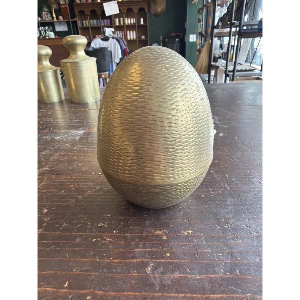 Vintage Solid Brass Freestanding Etched Egg Trinket Box